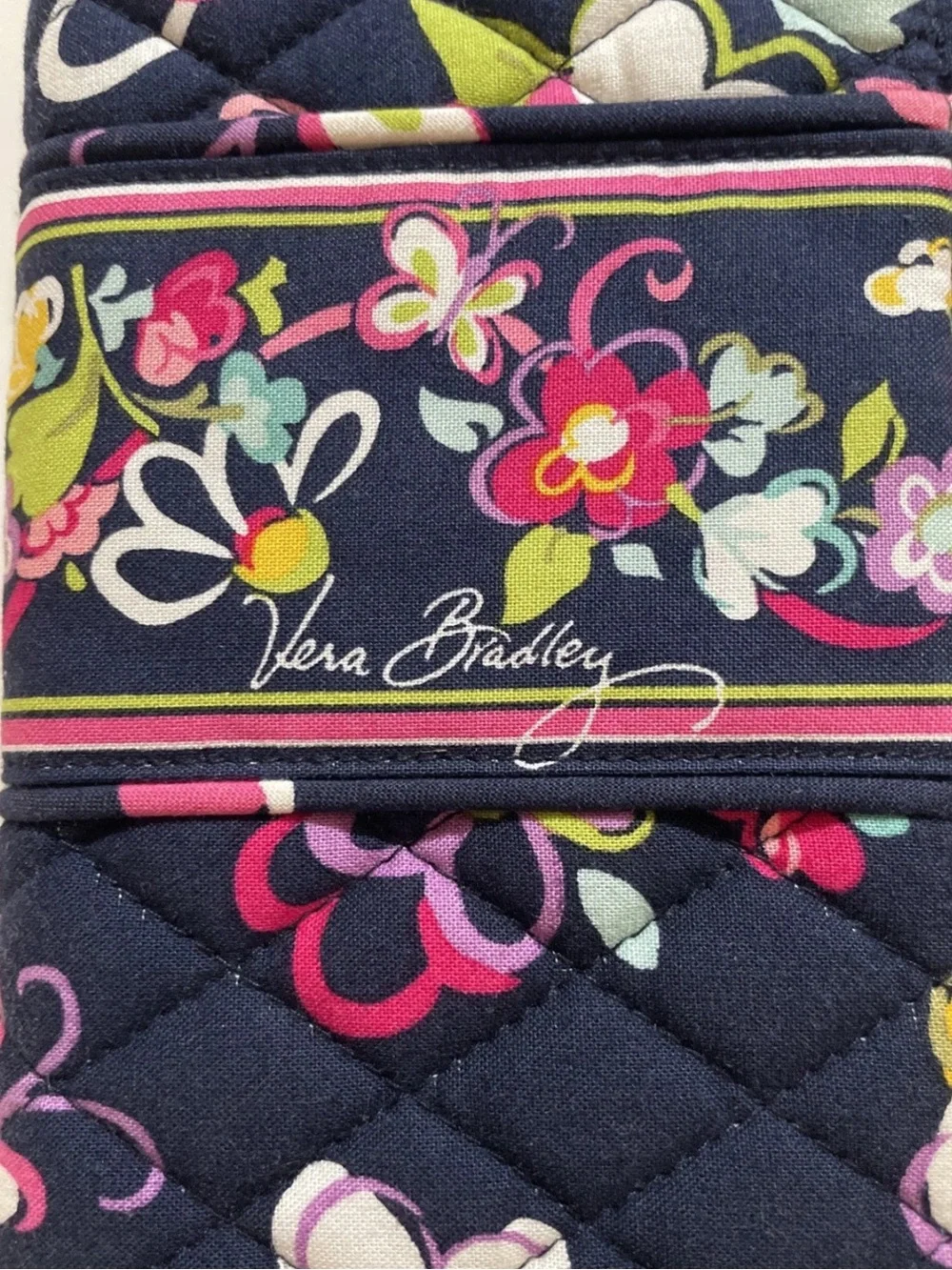 Vera Bradley Ribbons Accordion Wallet Zip Around Closure Navy Blue Background - Picture 3 of 9